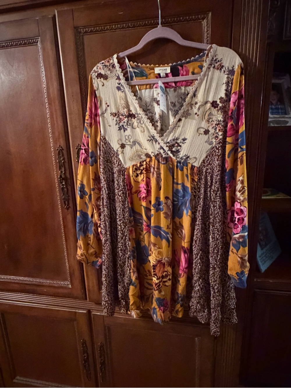 Umgee Mustard Floral Mixed-Media Tunic with Cream Yoke